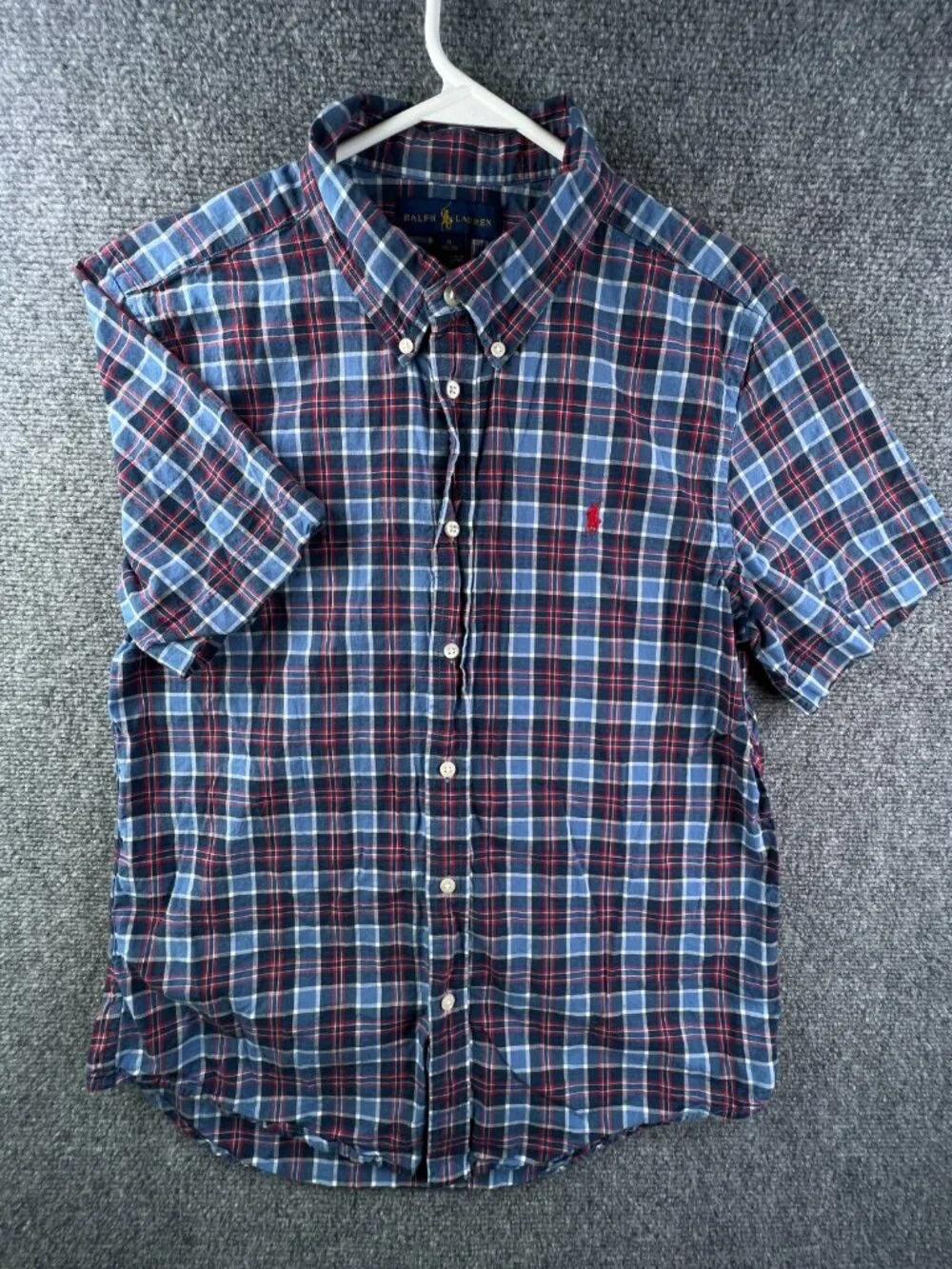 Ralph Lauren Boys Button Up Shirt Short Sleeve Blue Red Plaid XL 18-20 Cotton